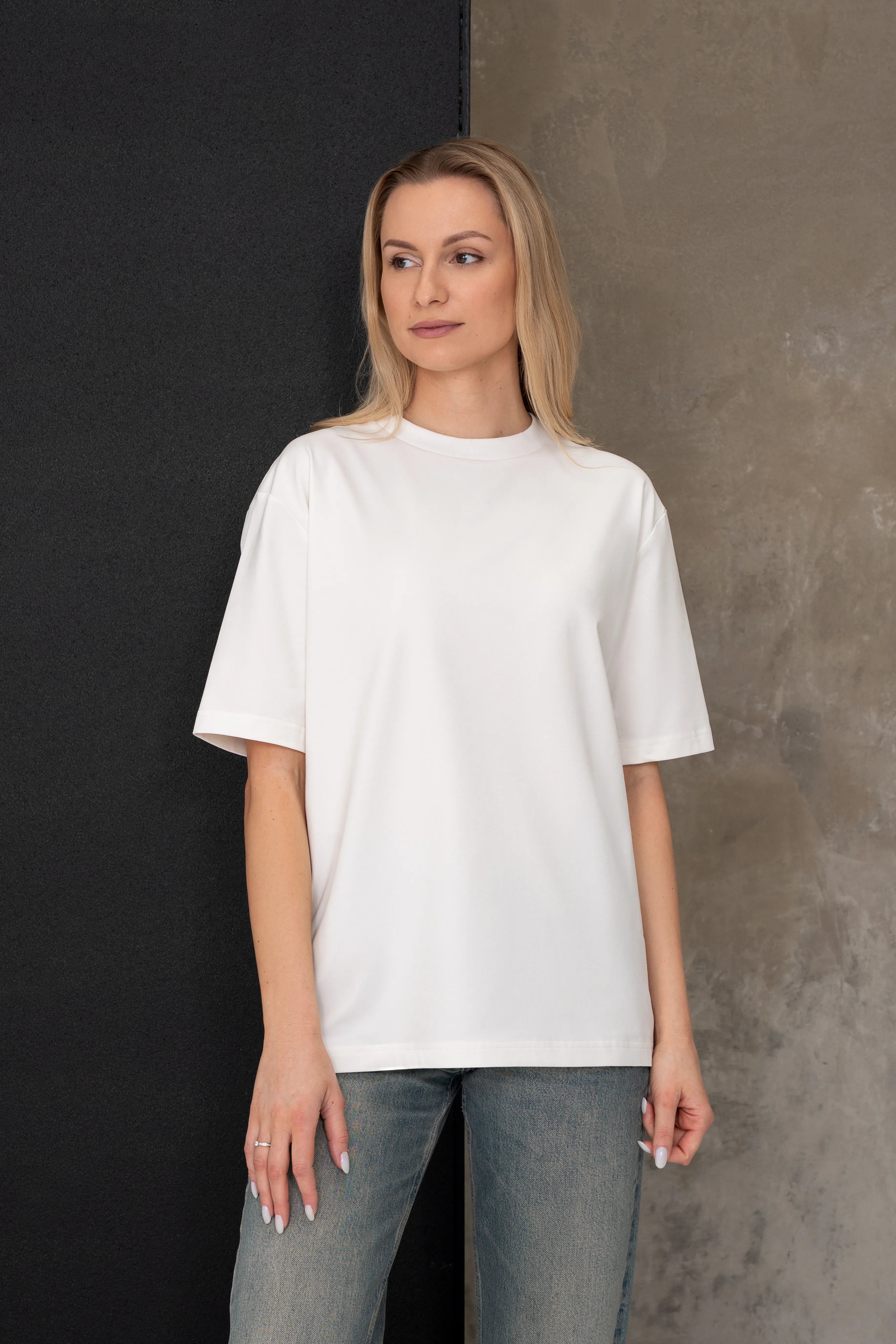 Women's casual milk white T-shirts, oversized fit, front view