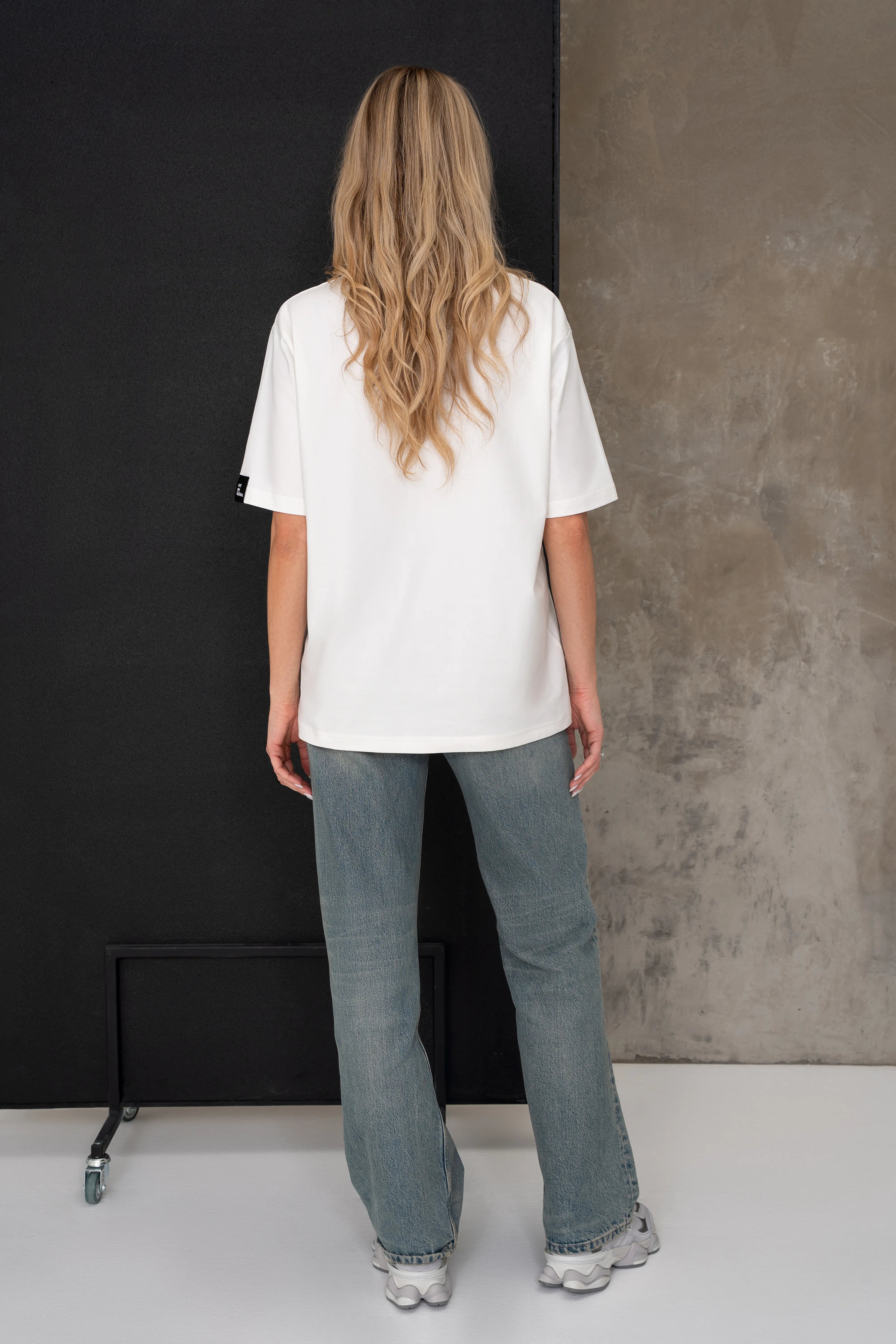 Women's milk white cotton T-shirts, oversized silhouette, full back view