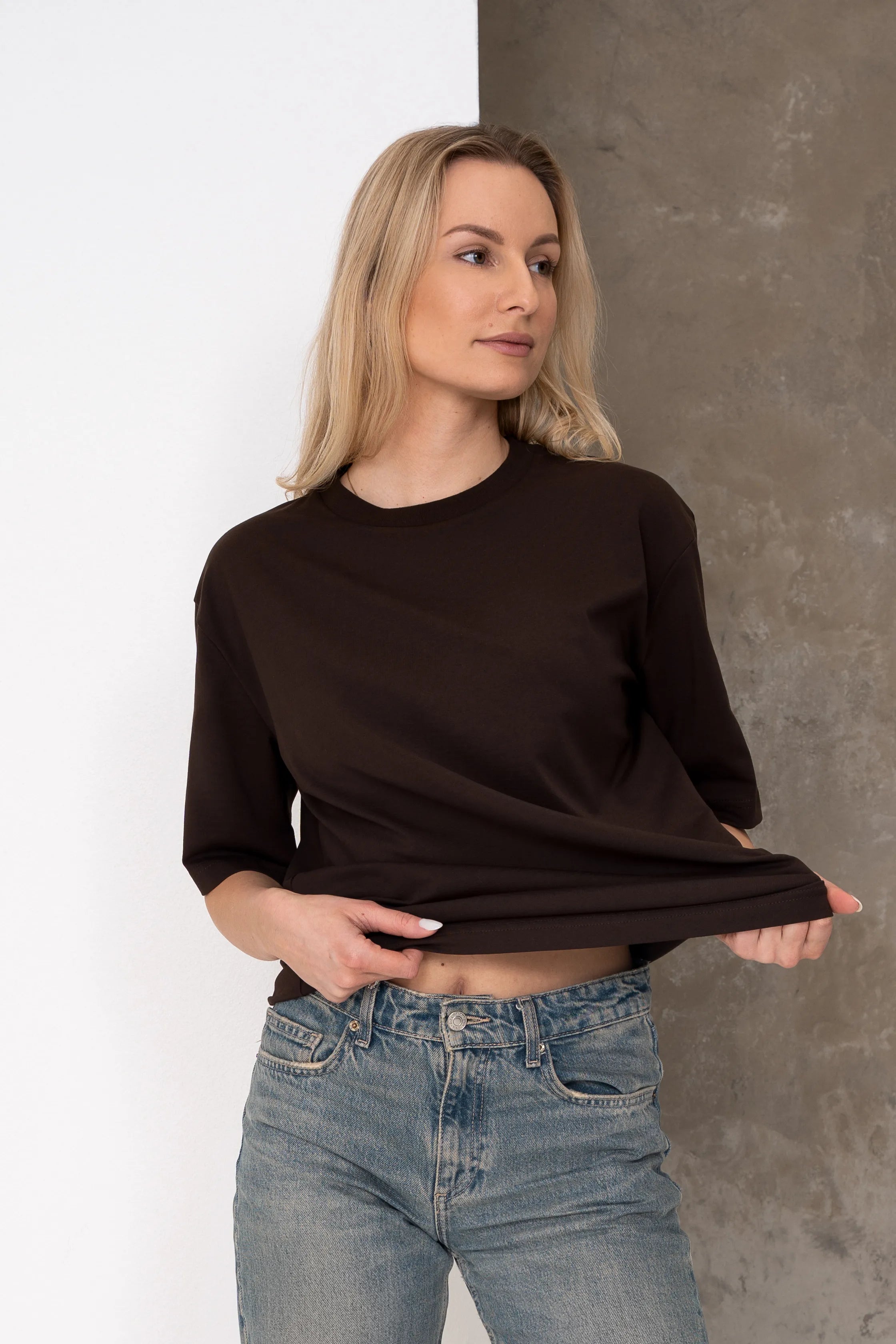 Brown women’s oversized T-shirts with a round neckline and a straight silhouette