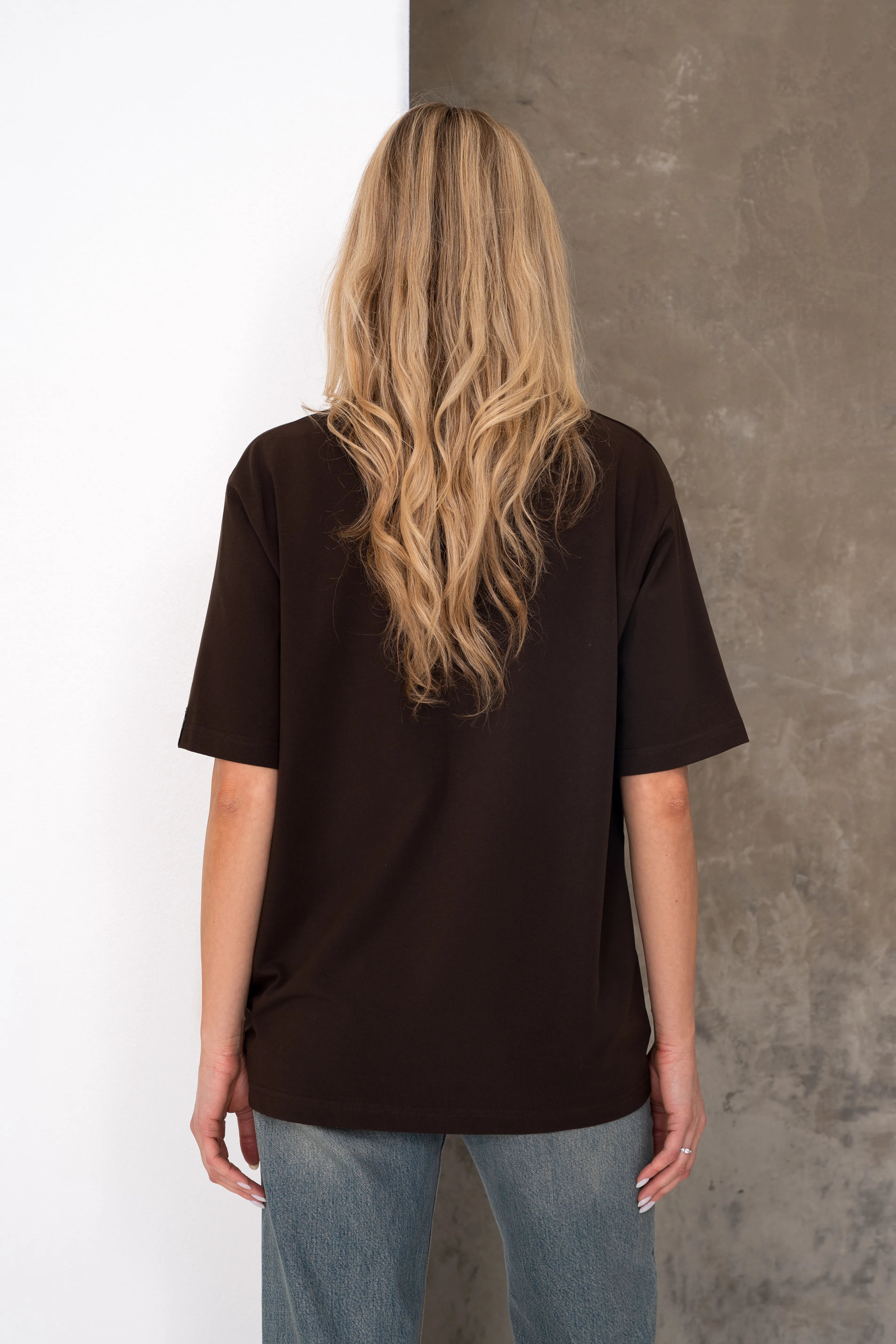 Brown women’s oversized T-shirts with short sleeves, back view