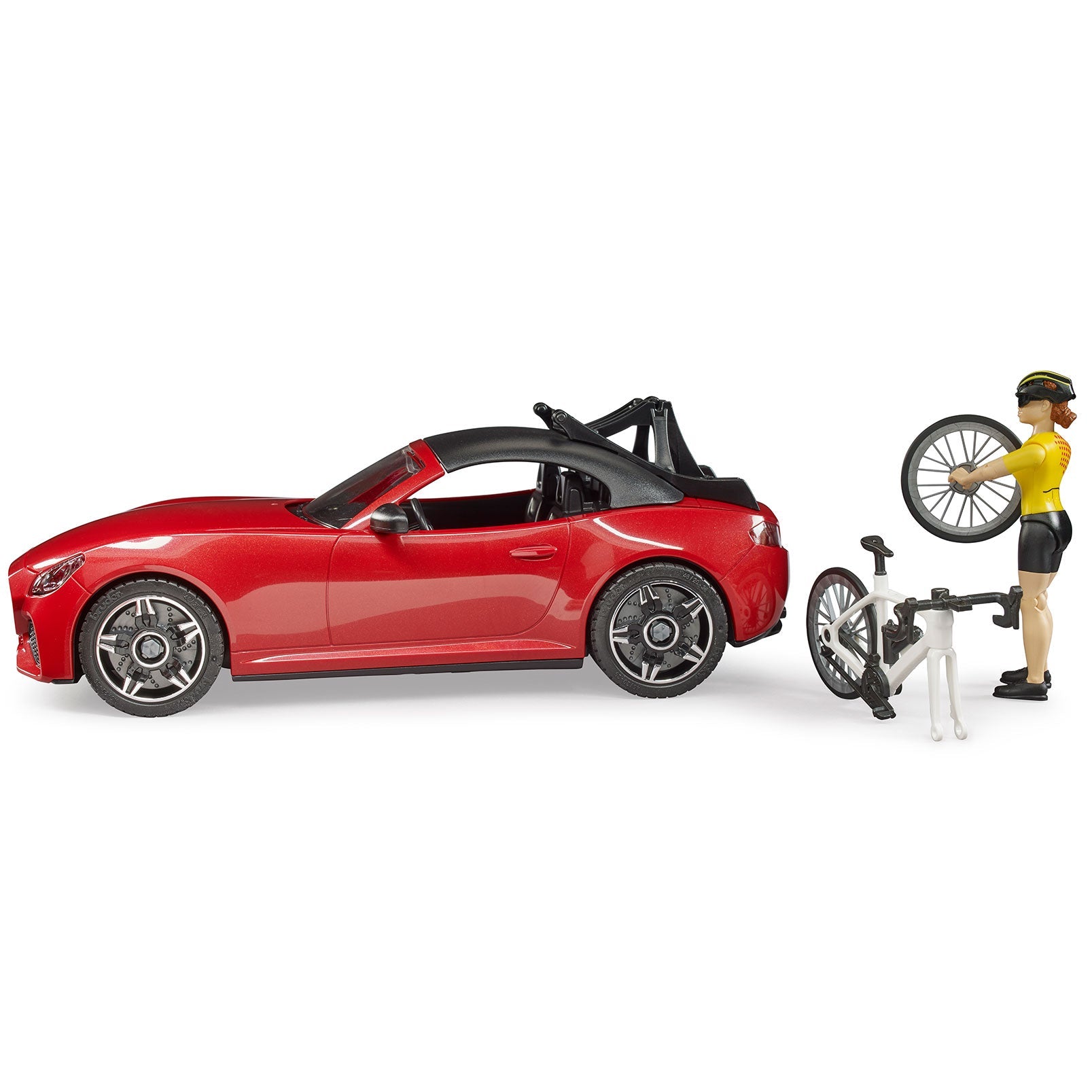 Raudonas automobilis su dviratininke Br-03485