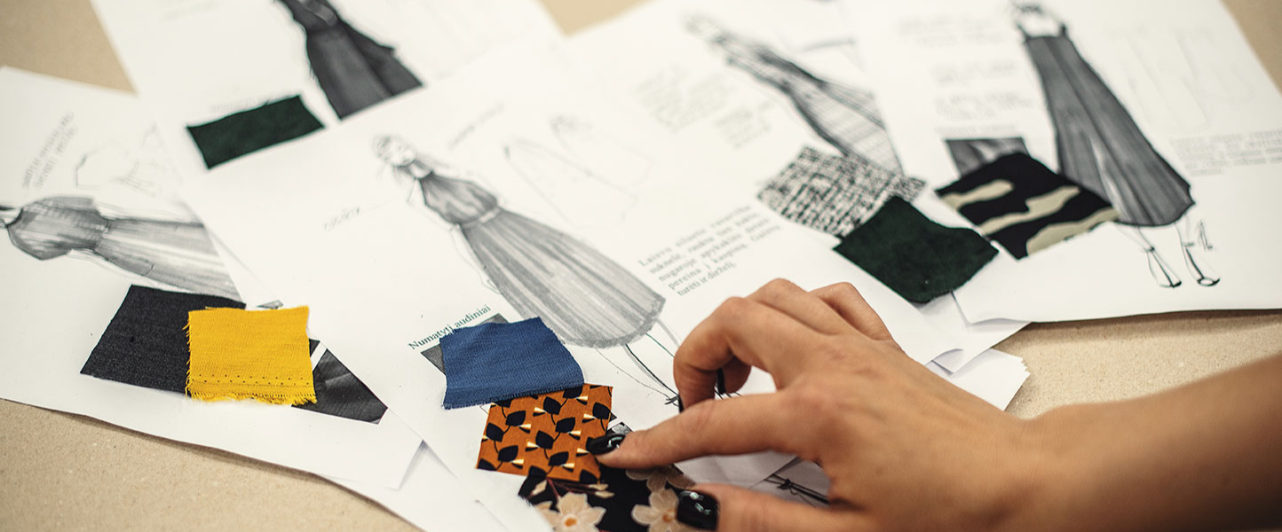 Fabric swatches on fashion sketches in the cutmyfashion design studio.