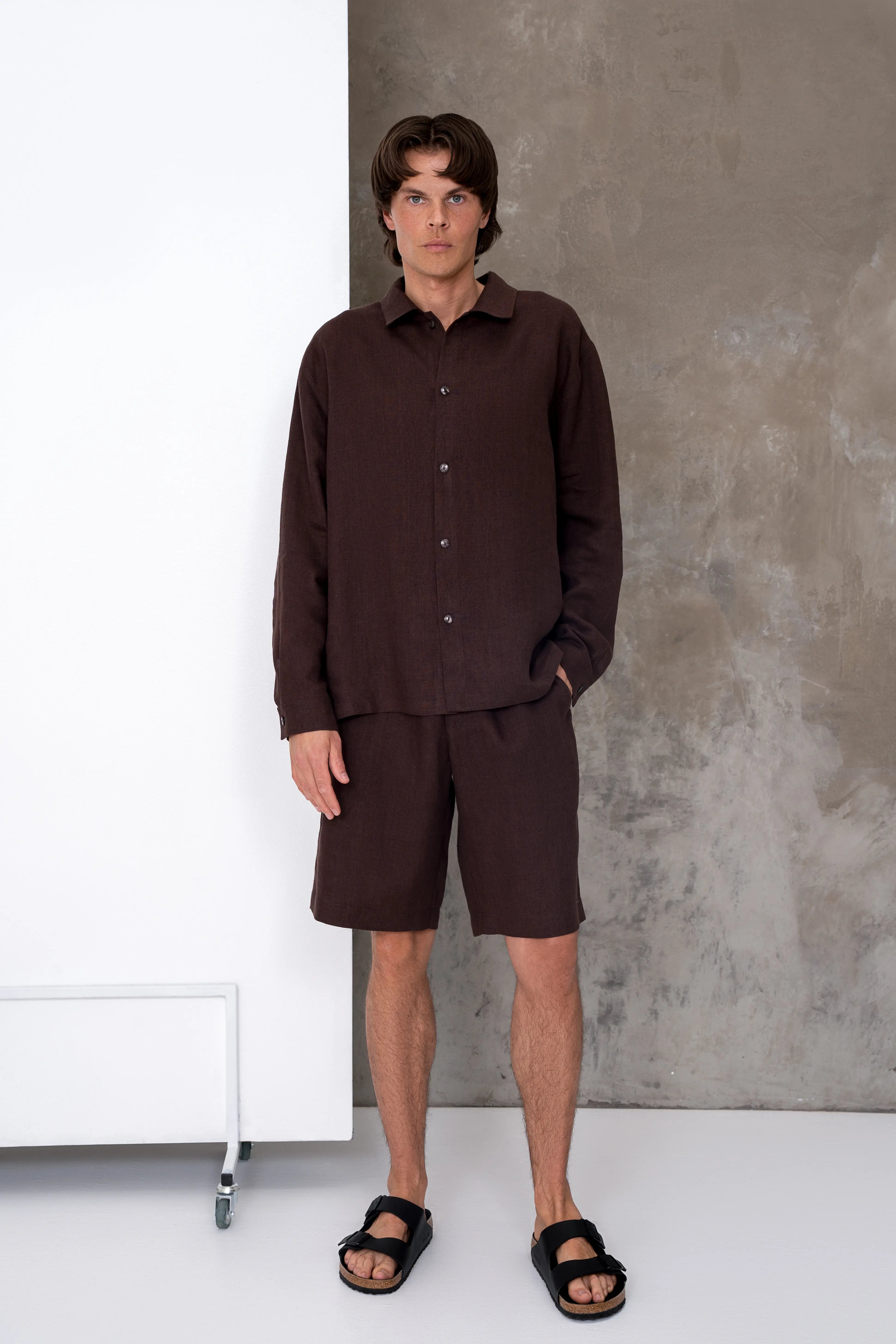Brown men’s linen set with a button-up shirt and classic shorts, full view